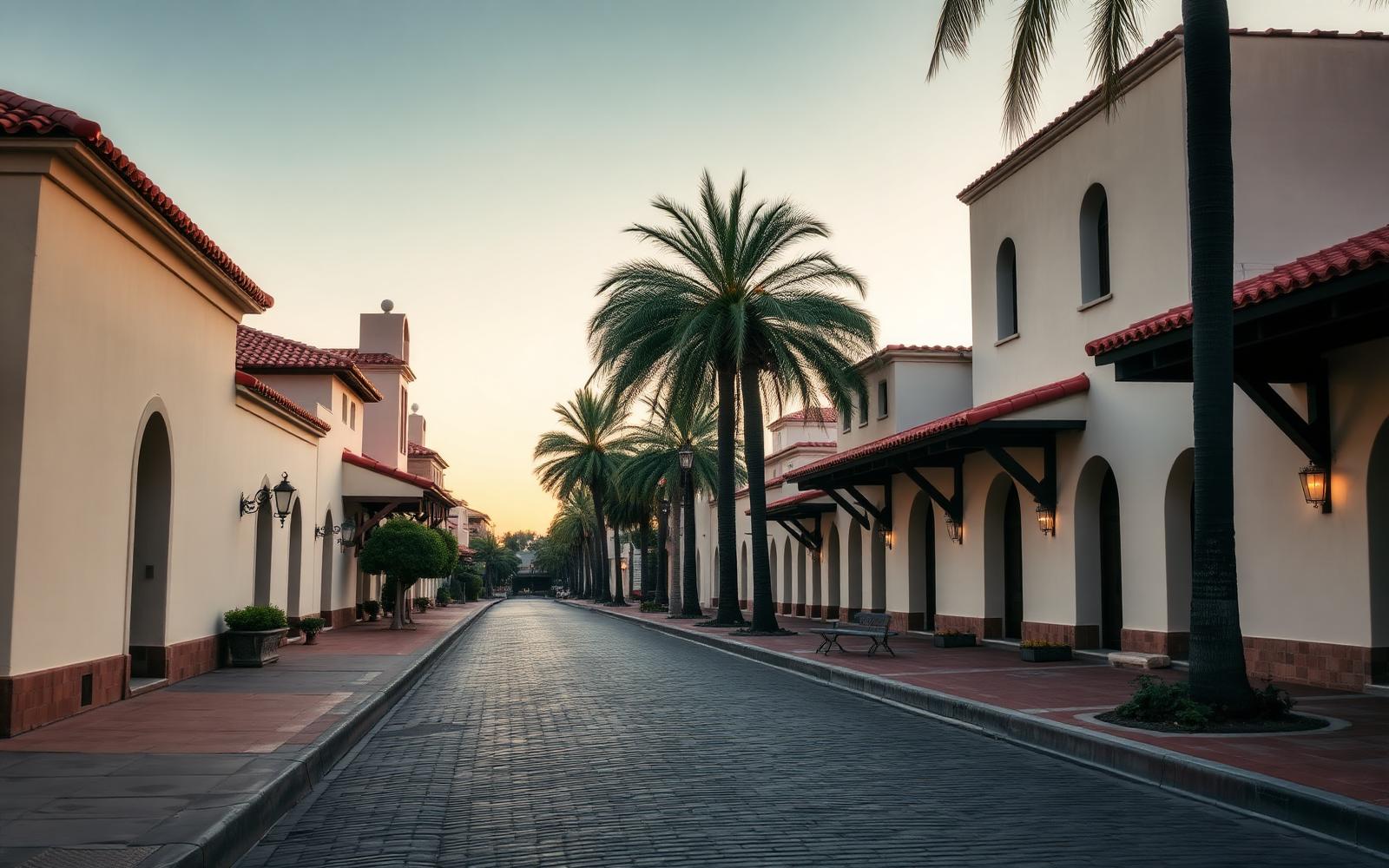 Quiet Spanish colonial street in San Juan Capistrano at dawn