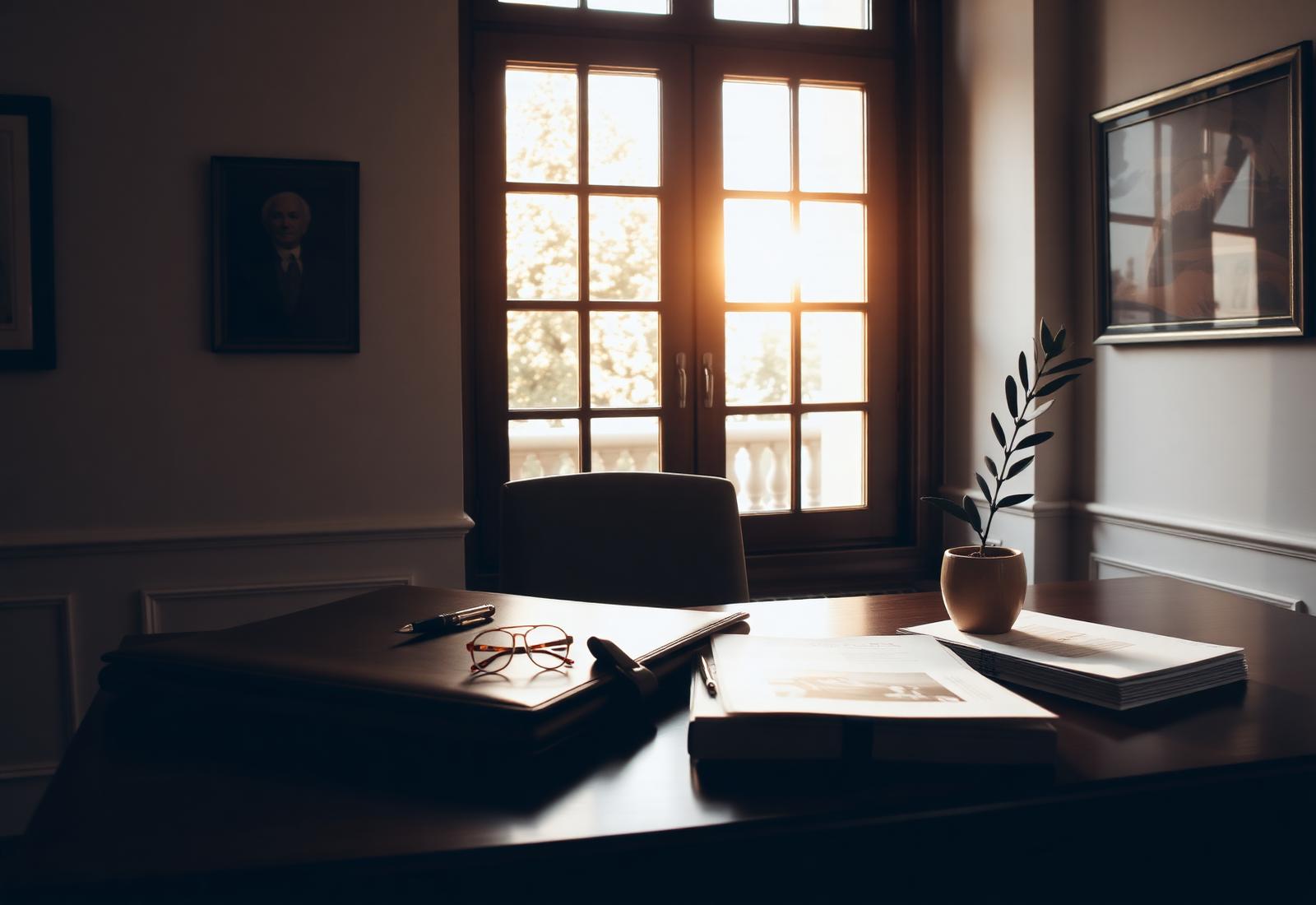 Patti Kappen's private office — desk with legal portfolio and reading glasses in warm California light